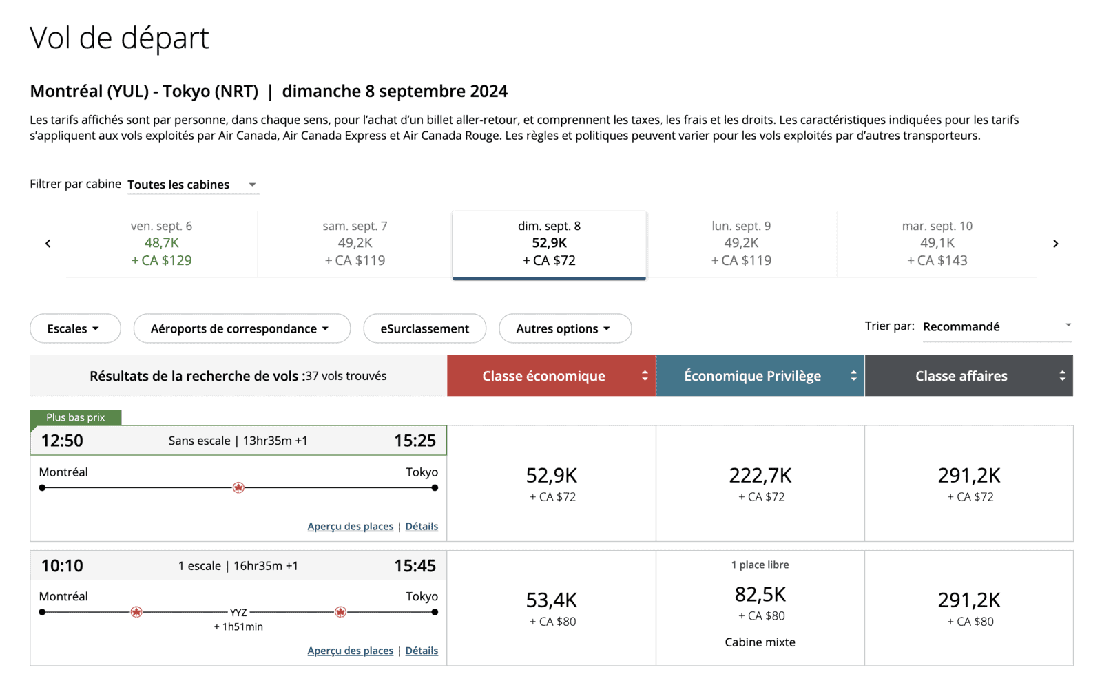 Maximiser les points Aéroplan pour un voyage en Asie - yul nrt vols fr