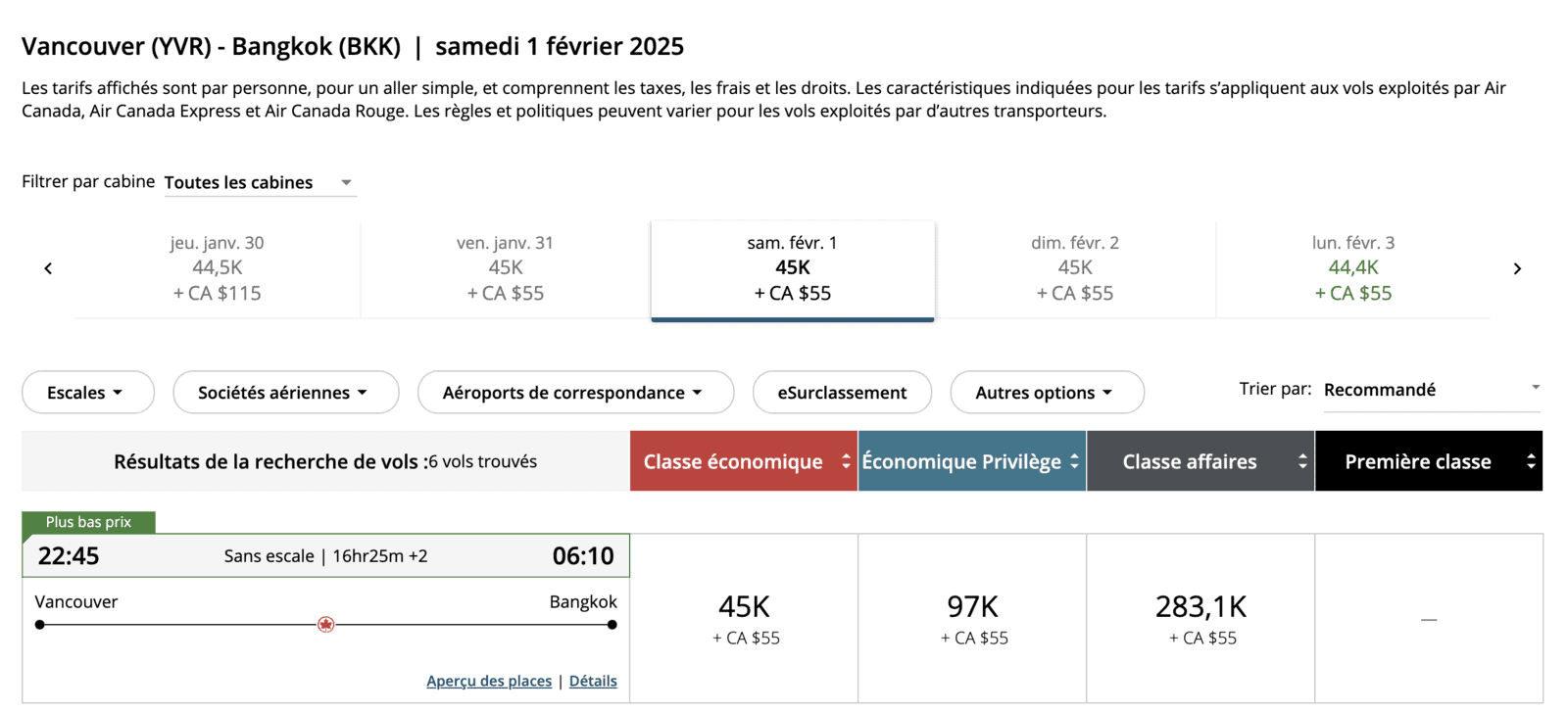 Maximiser les points Aéroplan pour un voyage en Asie - yvr bkk ac fr