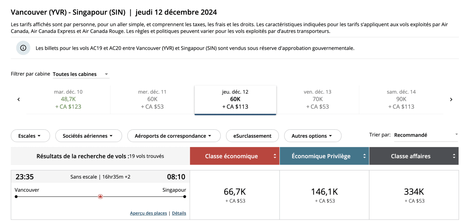 Maximiser les points Aéroplan pour un voyage en Asie - yvr sin ac fr