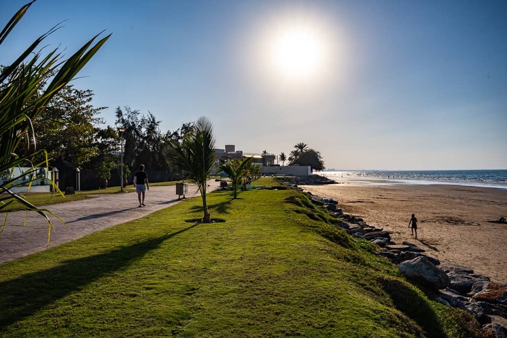 Promenade littorale aménagée près du w muscat avec pelouse verte, palmiers et vue sur la mer d'Arabie sous soleil éclatant