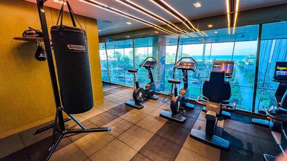 Salle de sport du w muscat équipée d'appareils Technogym avec vue panoramique