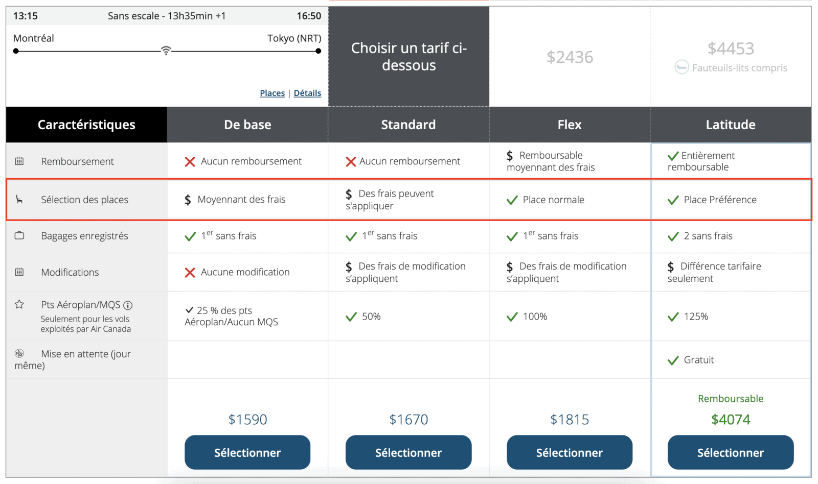 Air Canada retire l’option de choisir gratuitement un siège à l’enregistrement - classe tarifaire air canada argent siege fr