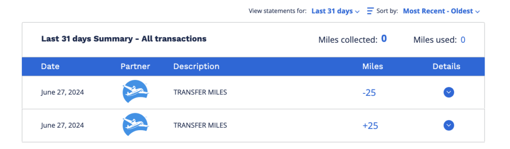 web page showing Air Miles transaction history for a specific account