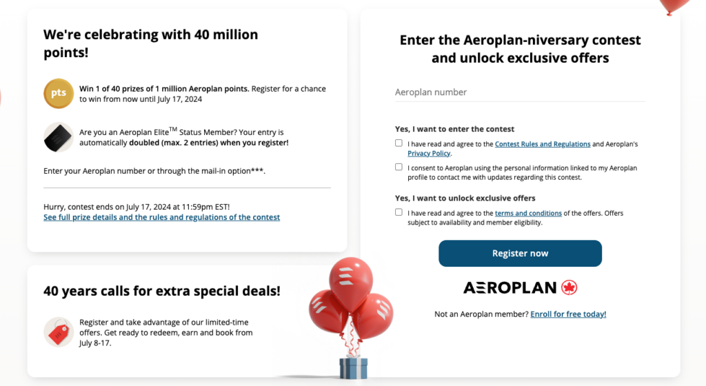 Aeroplan 40 years contest details and form to sign up