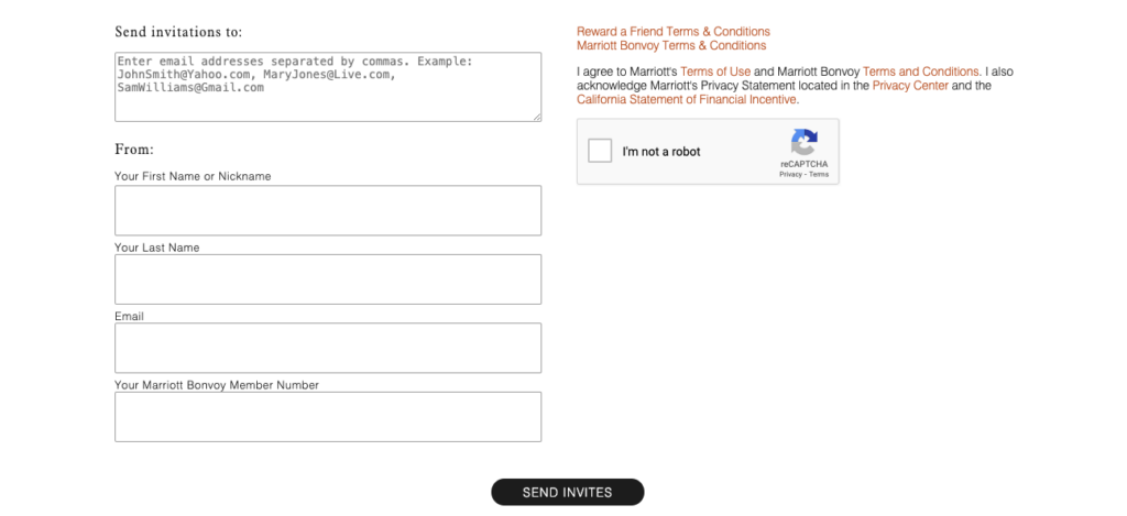 Online form to refer a friend to Marriott Bonvoy program