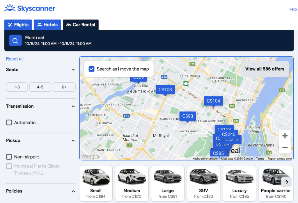 Une carte de Skyscanner avec des disponibilités de véhicules à la location