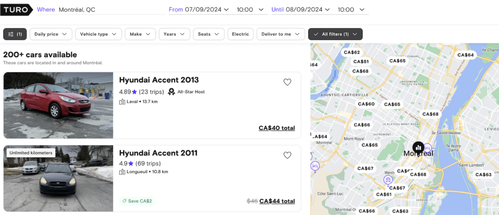Deux véhicules en location chez Turo, ainsi qu'une carte de localisation de véhicules