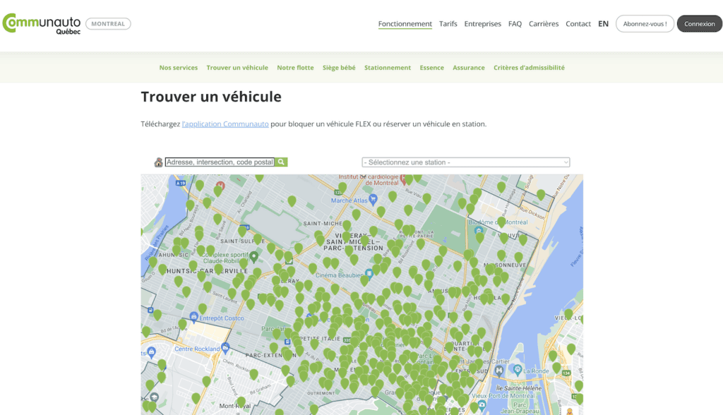 Une carte du service de Communauto qui permet de localiser des véhicules