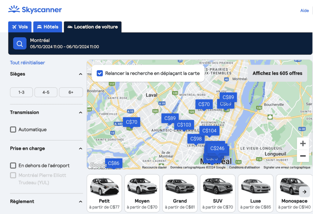Une carte de Skyscanner avec des disponibilités de véhicules à la location