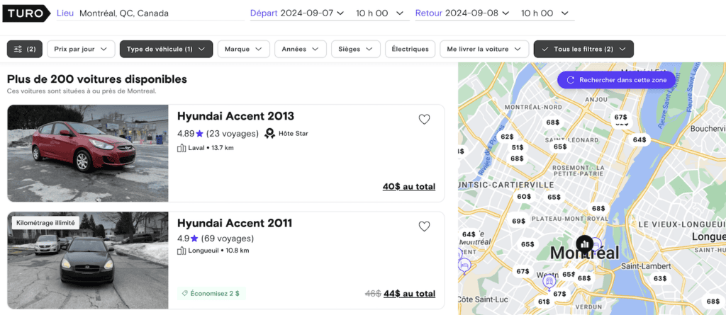 Deux véhicules en location chez Turo, ainsi qu'une carte de localisation de véhicules