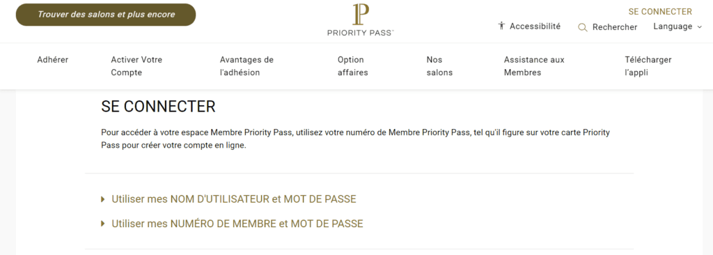 Details de connection Priority Pass