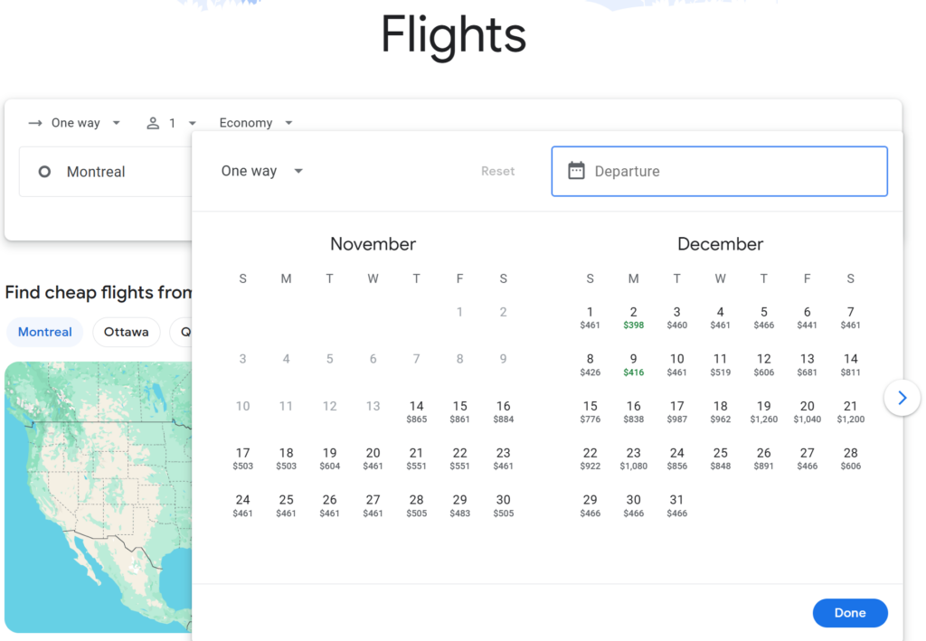 A calendar with the prices of flights from Montreal to Paris