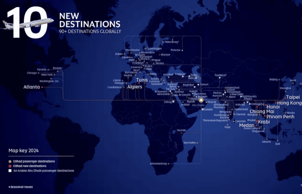 Une carte du monde avec les destinations Etihad