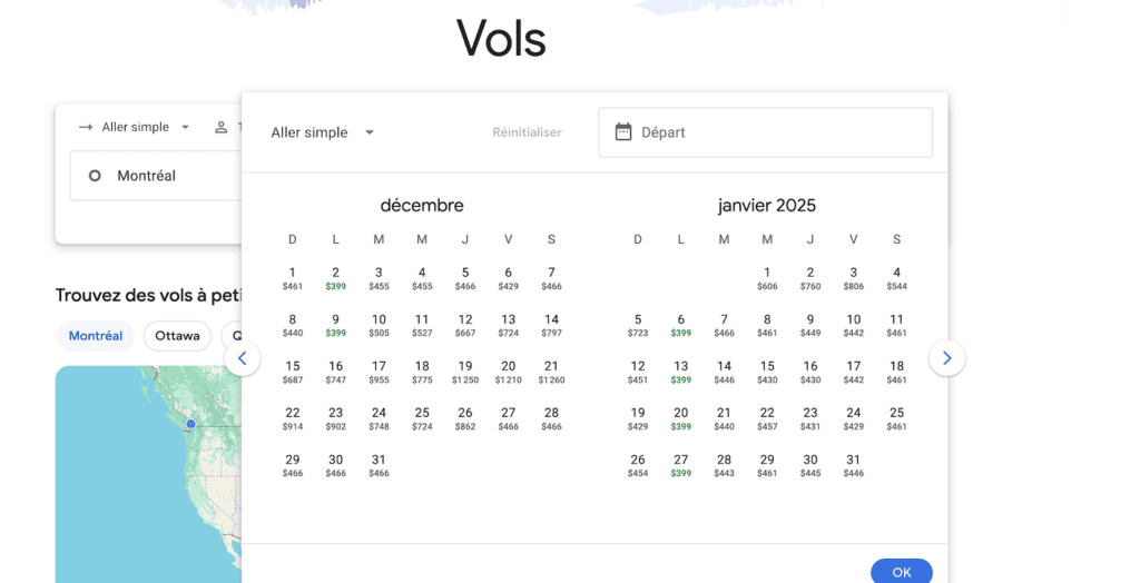 Un calendrier avec des prix de billet d'avion