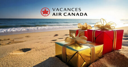 Vacances Air Canada - Trois cadeaux or et rouge sur la plage