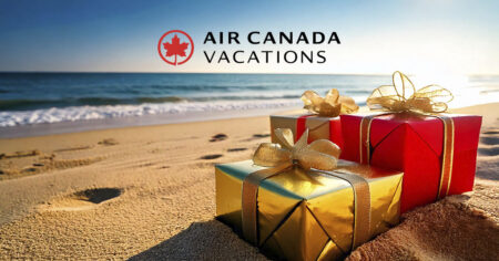 Air Canada Vacations - Three gold and red gifts on the beach