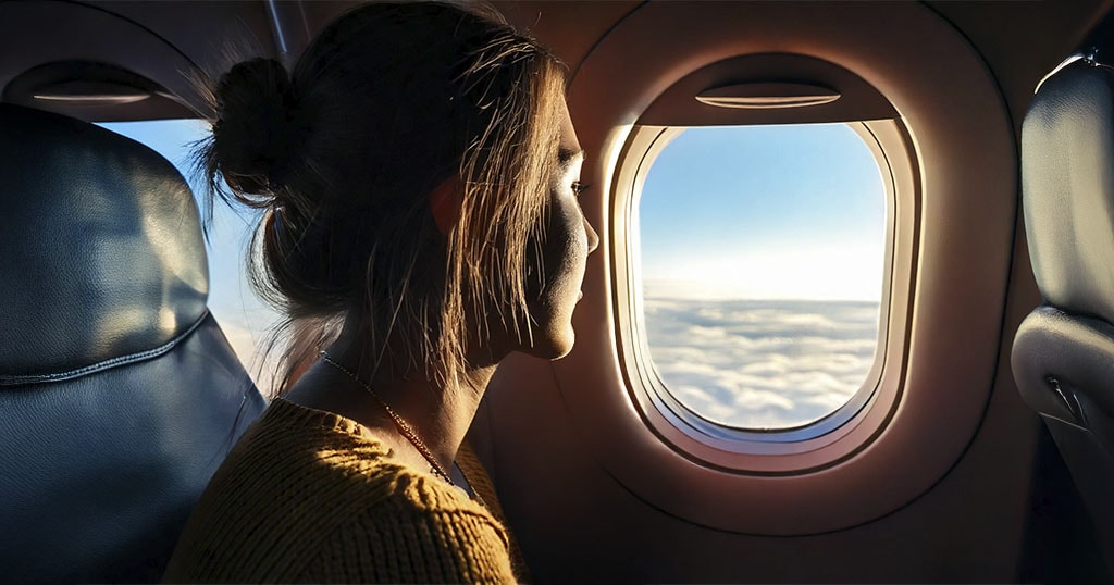 Femme assise à bord d'un avion, regardant à travers le hublot vers un ciel ensoleillé au-dessus des nuages