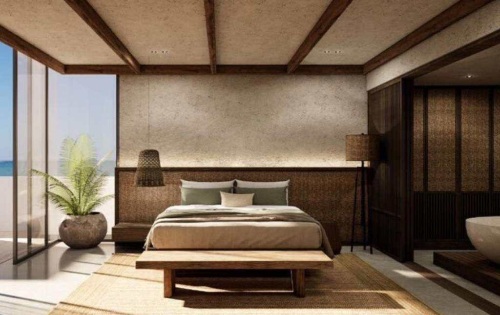 JW Marriott Costa Elena Costa Rica - maquette d’une chambre avec lit et porte-fenêtre donnant sur l’océan