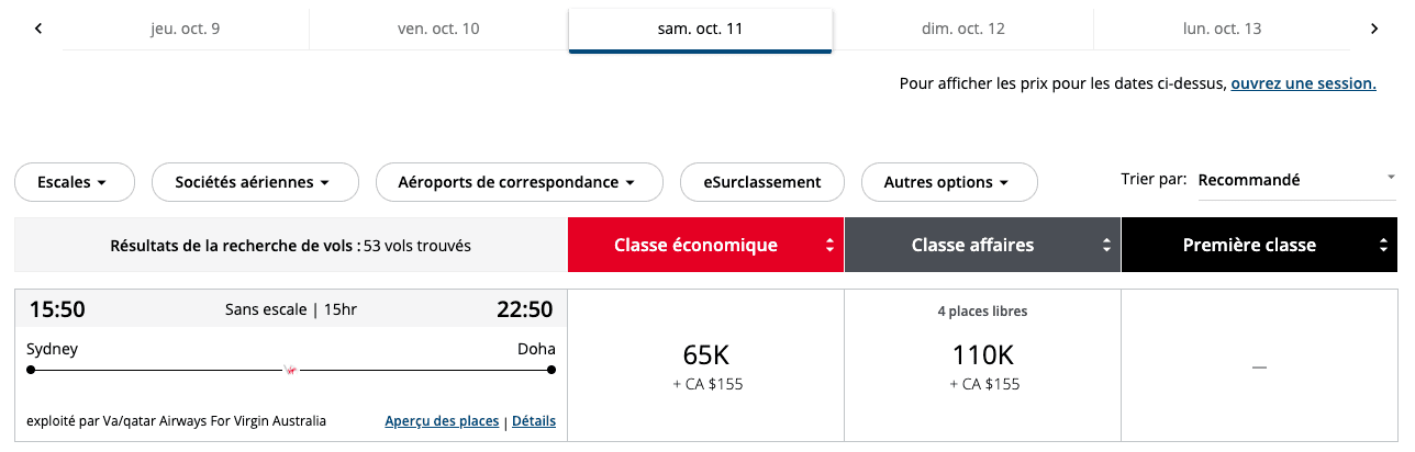 Qsuite Qatar Airways : réservez avec vos points Aéroplan via Virgin Australia - qsuite syd doh fr virgin