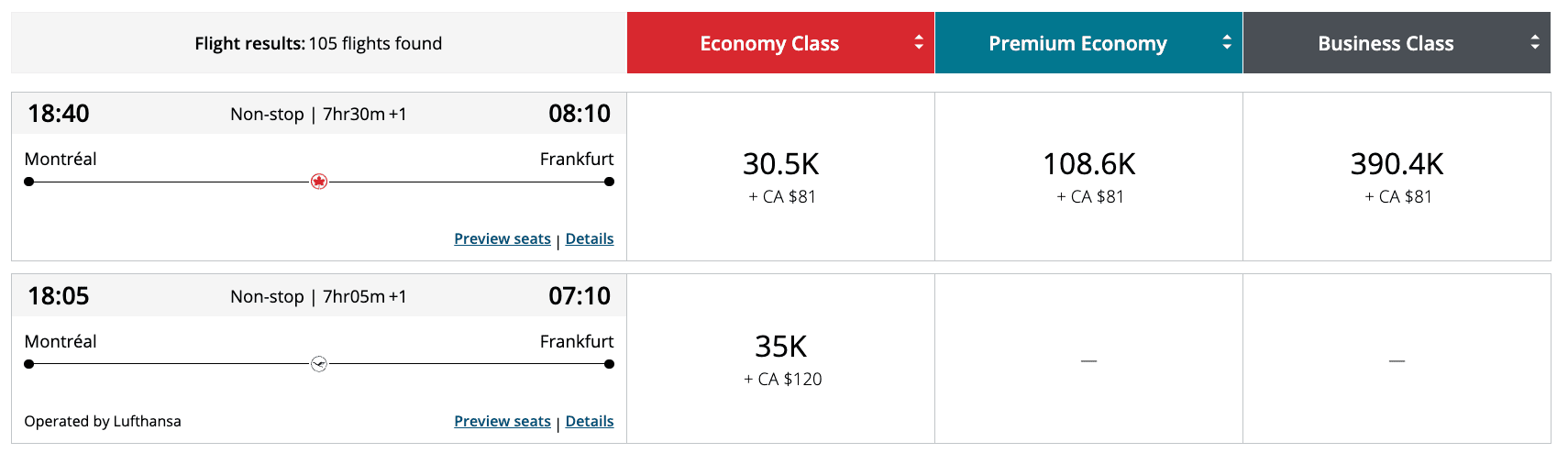 Aeroplan: Rules for Aeroplan Flight Rewards - comparaison ac et partenaire