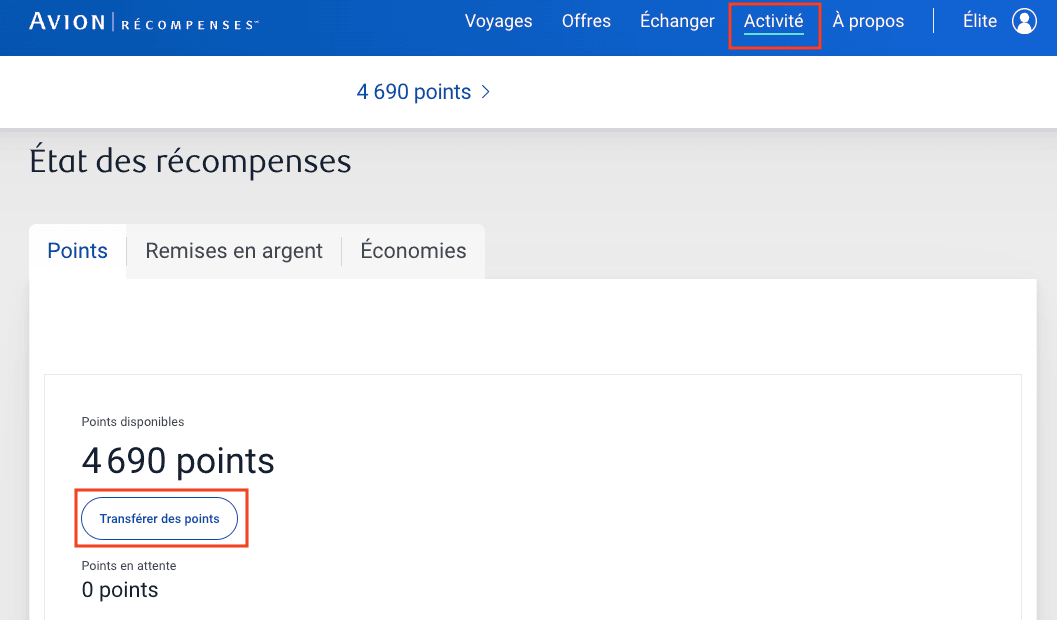 RBC Avion Récompenses : Comment transférer des points entre deux comptes? - rbc avion recompenses transfert 1 fr
