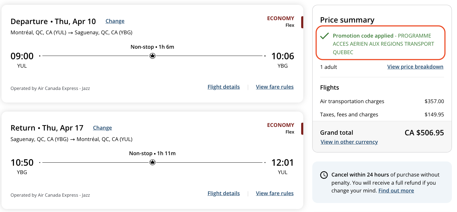 Airfare in Quebec: 50% to 85% Discount to Replace the $500 Ticket - Code promo YBG FR