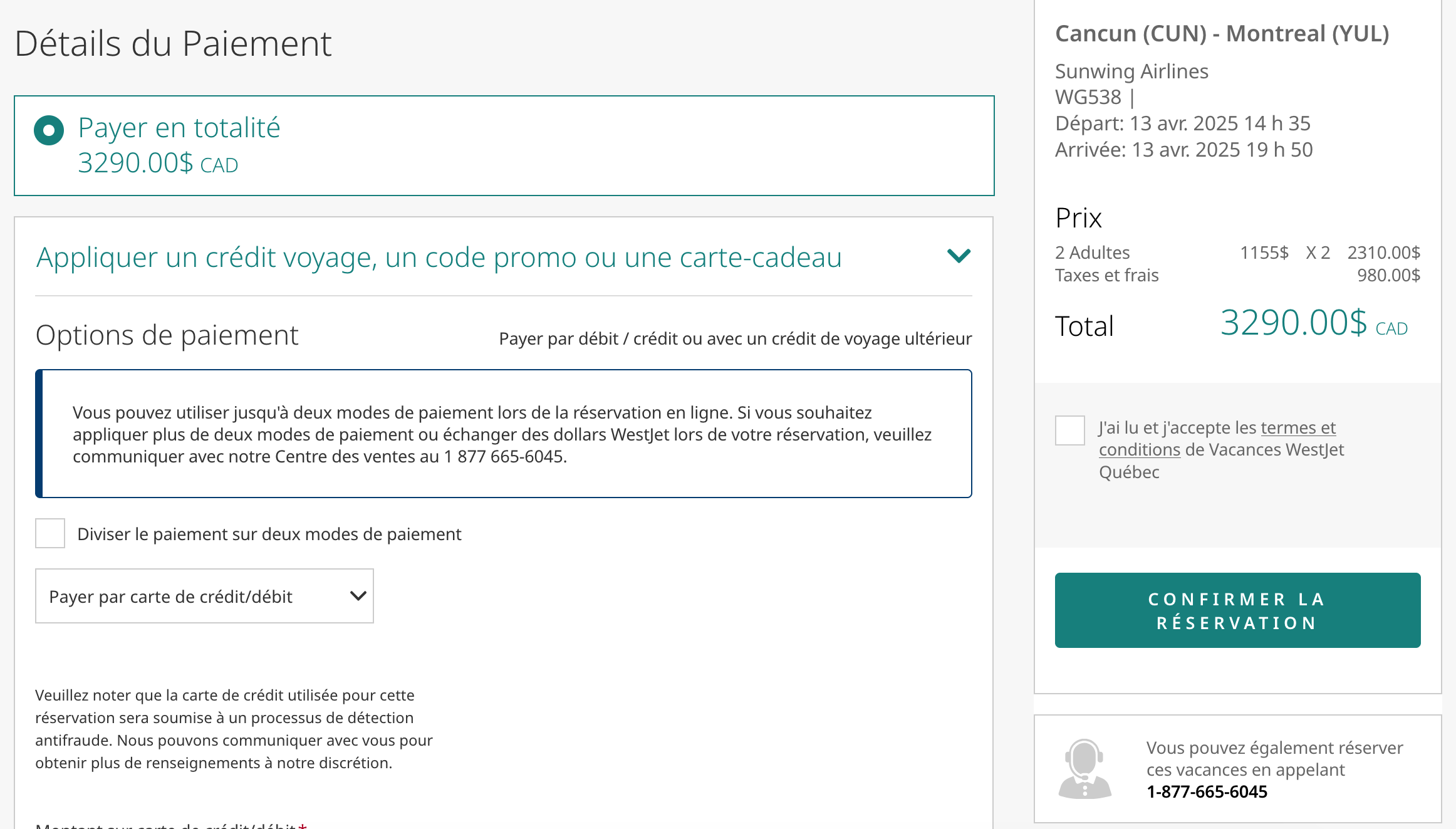 Comment voyager avec Vacances WestJet - Page de paiement Vacances WestJet EN