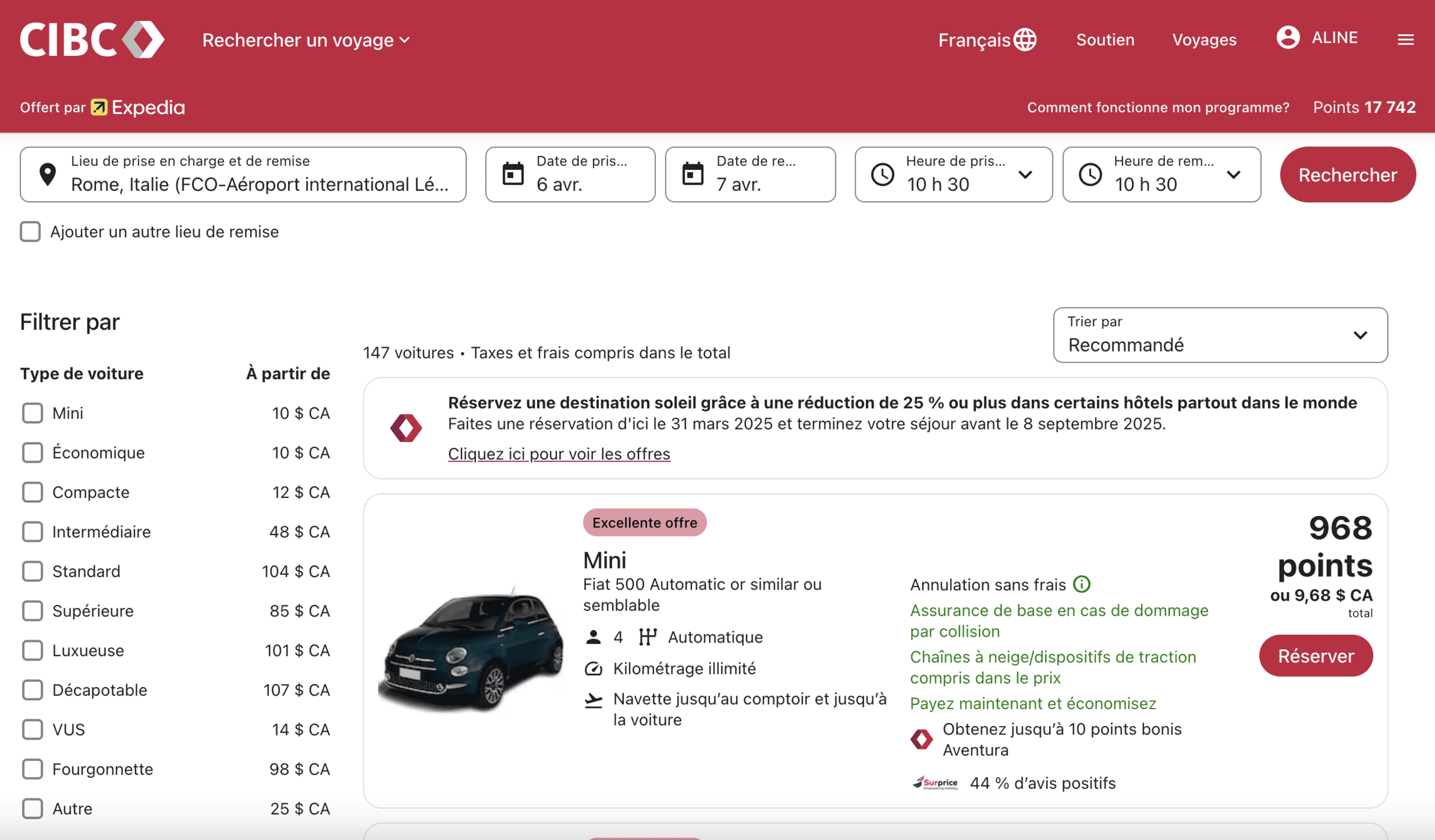 Location de voiture&nbsp;: économiser avec les points et programmes de fidélité - location de voiture portail cibc