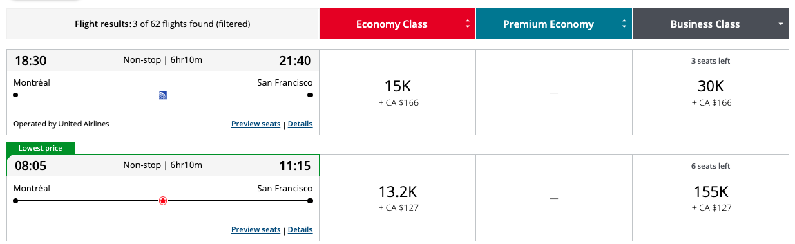 Aeroplan: New fare structure for airline partners - yul-sfo united aeroplan en