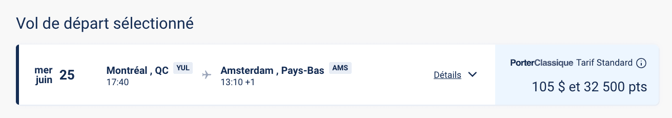 15 idées de destinations où partir avec 50&nbsp;000 points VIPorter - YUL AMS 32,5k FR