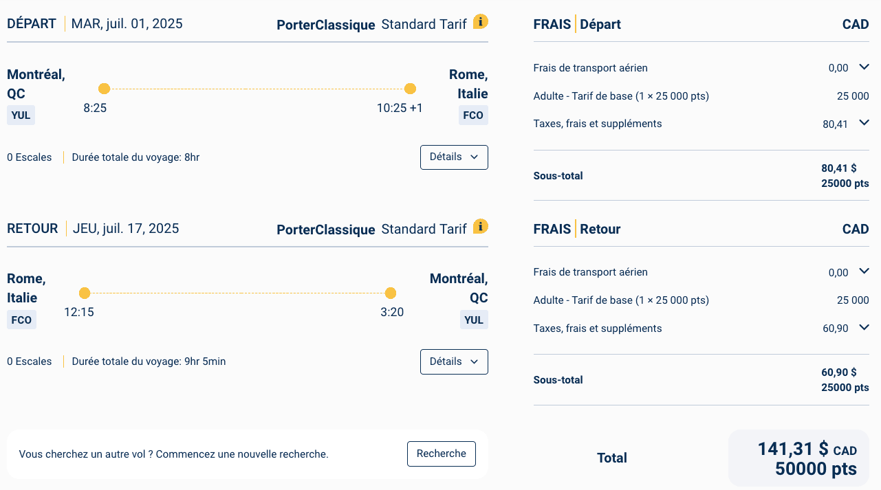 15 idées de destinations où partir avec 50&nbsp;000 points VIPorter - YUL FCO 50k FR