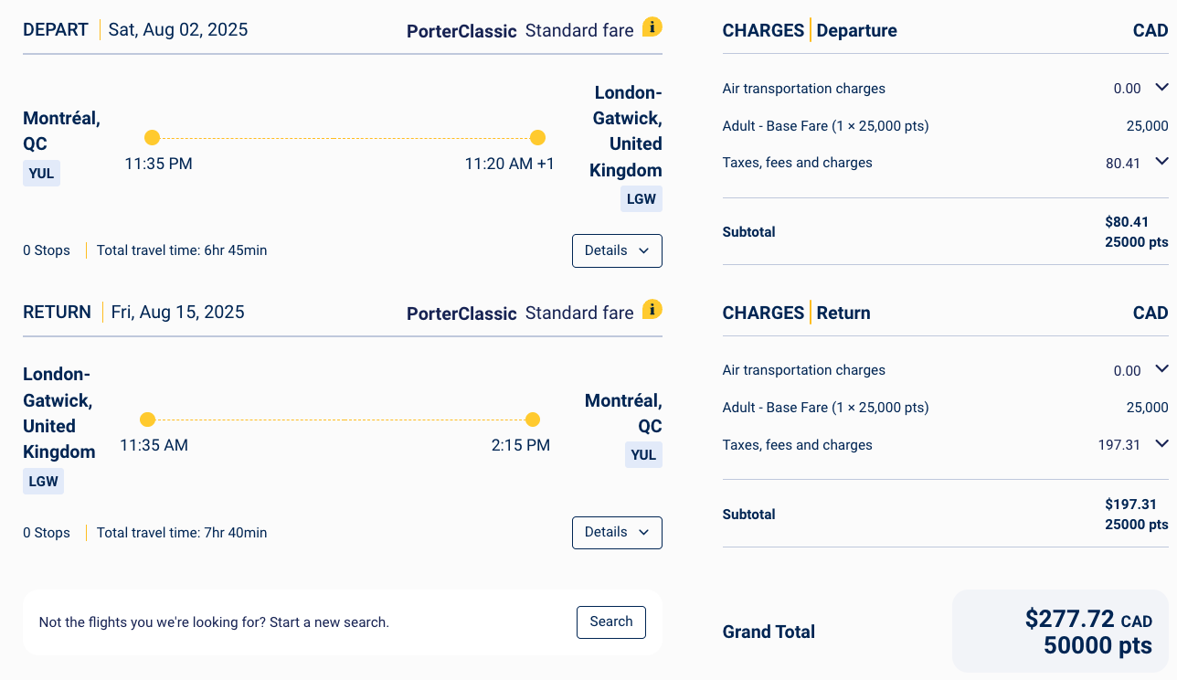 15 Destination Ideas for Travelling with 50,000 VIPorter Points - YUL LGW 50k FR
