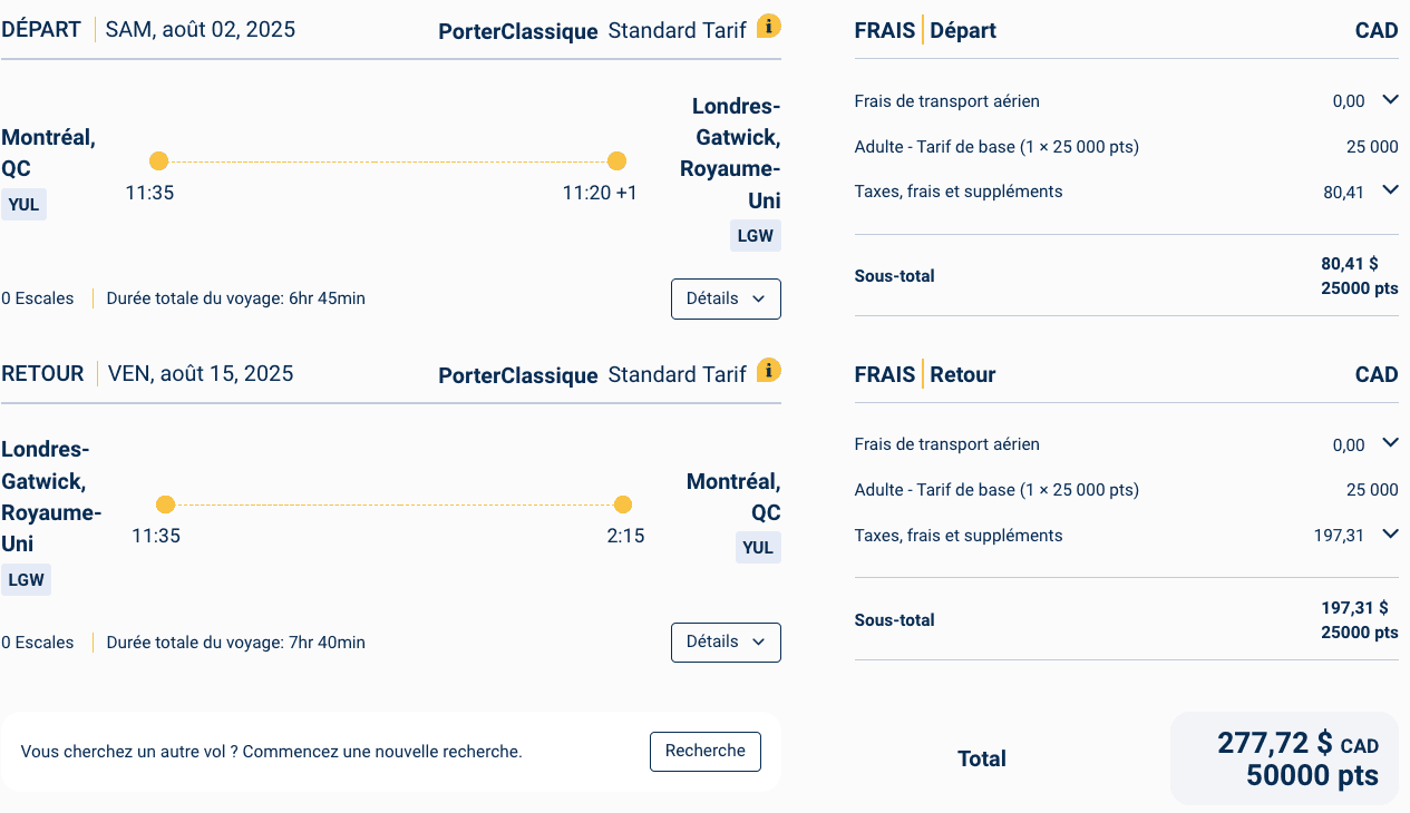 15 idées de destinations où partir avec 50&nbsp;000 points VIPorter - YUL LGW 50k FR