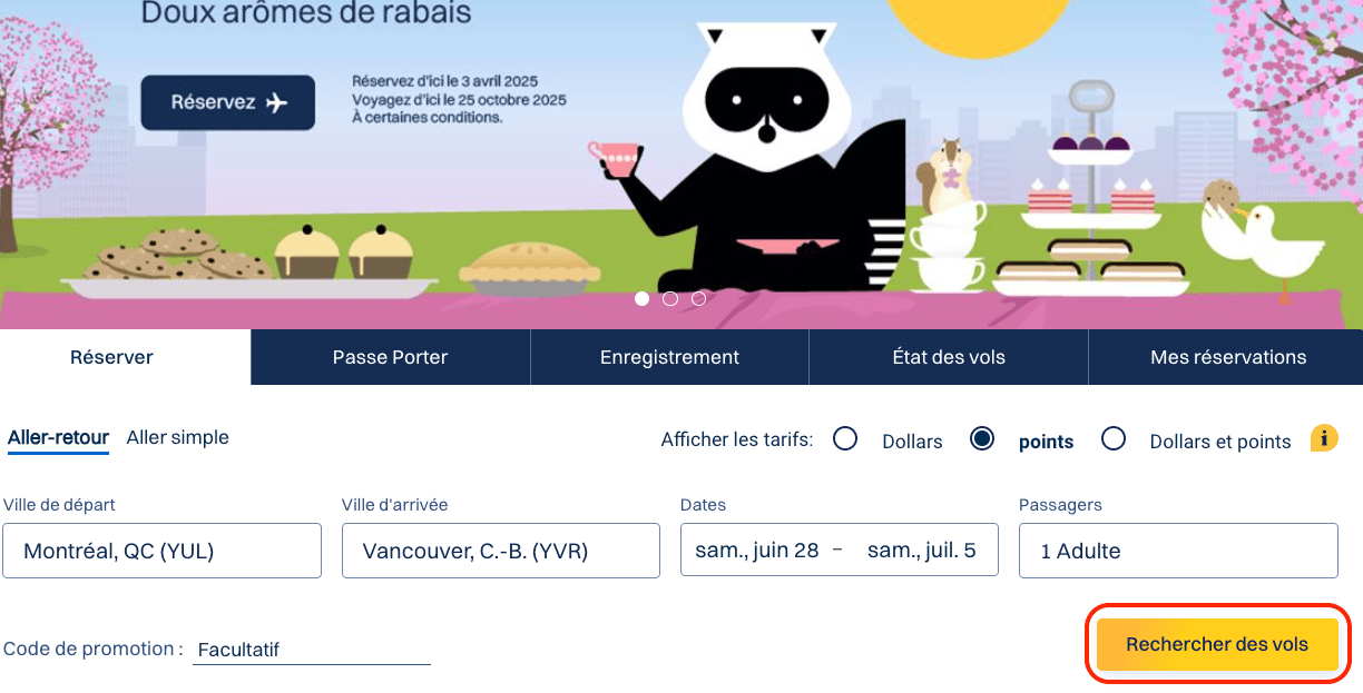 VIPorter&nbsp;: Tutoriel pour réserver un billet d’avion avec les points - YUL YVR FR recherche