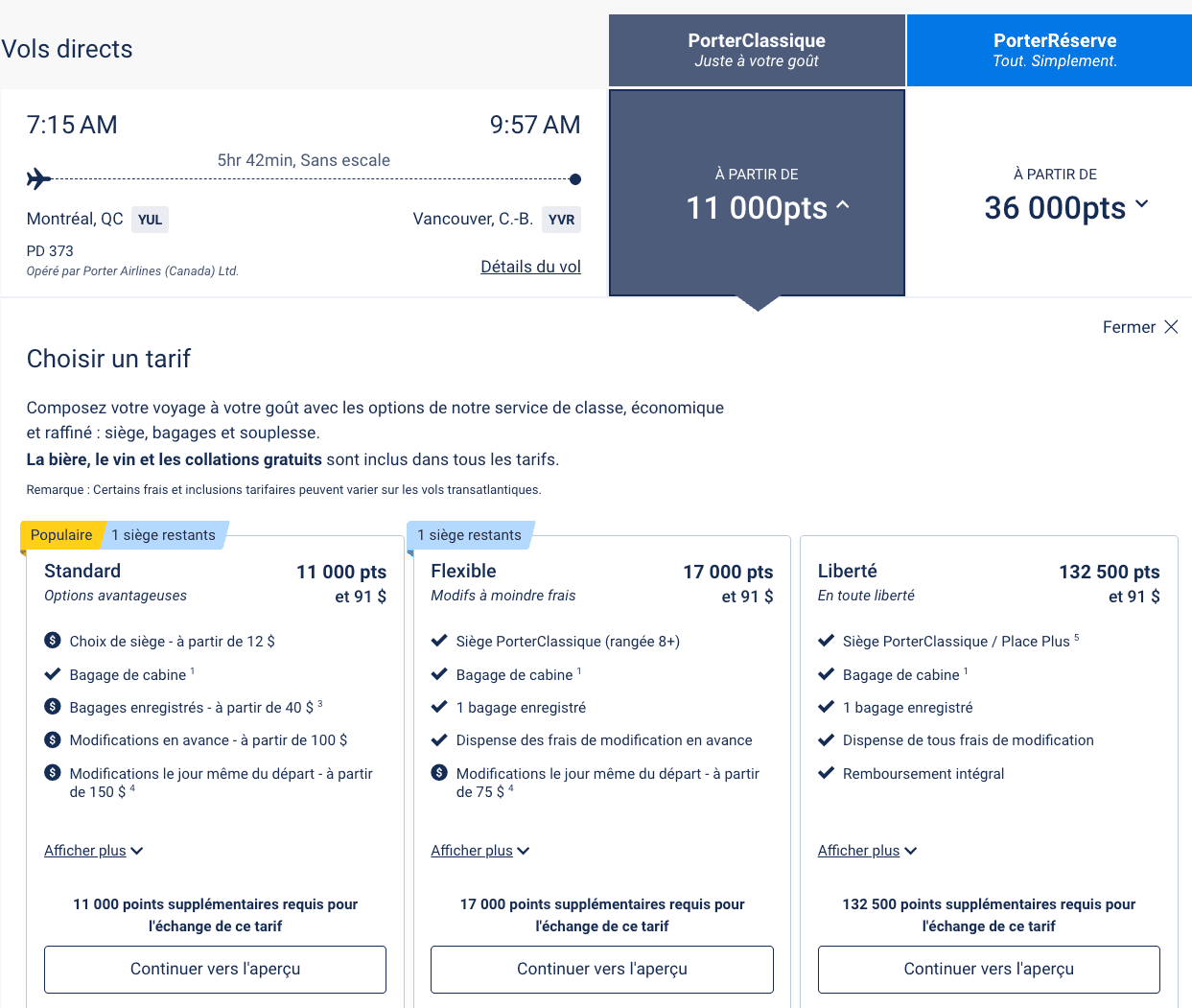VIPorter&nbsp;: Tutoriel pour réserver un billet d’avion avec les points - YUL YVR choix FR