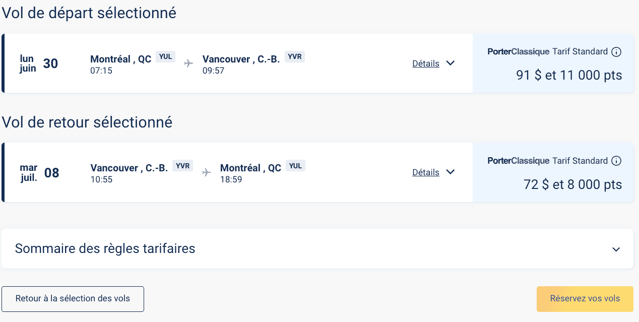 VIPorter&nbsp;: Tutoriel pour réserver un billet d’avion avec les points - YUL YVR final FR