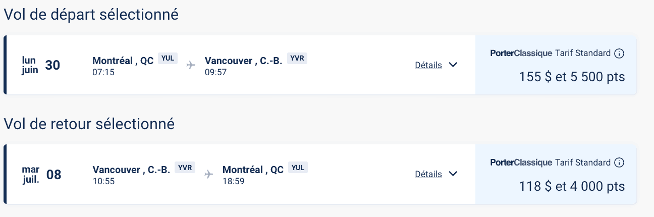 VIPorter&nbsp;: Tutoriel pour réserver un billet d’avion avec les points - YUL YVR points et dollars FR