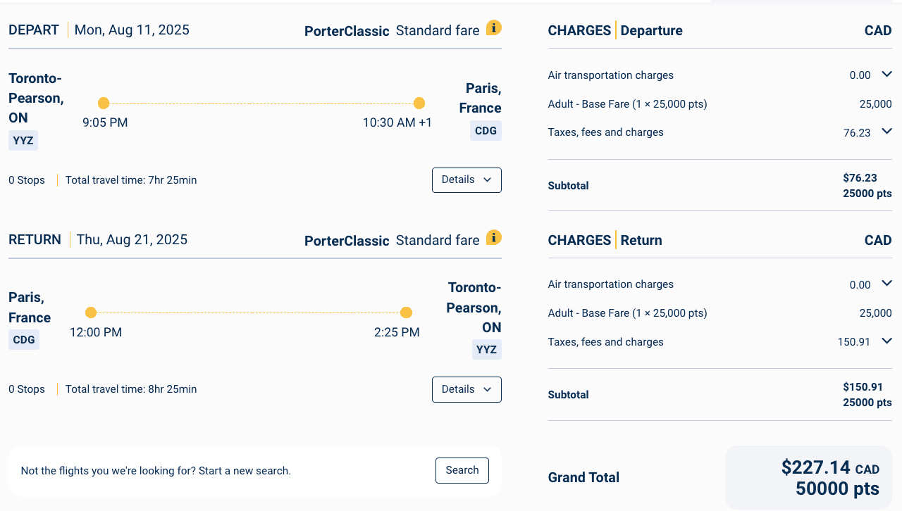 15 Destination Ideas for Travelling with 50,000 VIPorter Points - YYZ CDG 50k FR