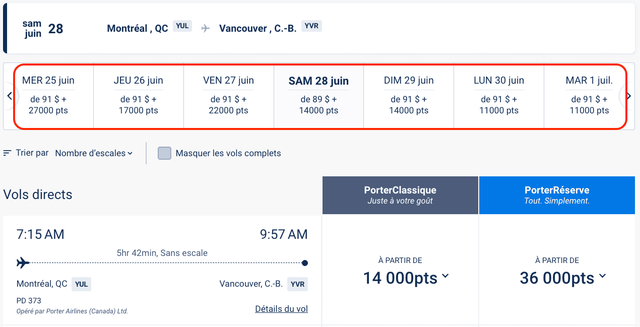 VIPorter&nbsp;: Tutoriel pour réserver un billet d’avion avec les points - tarif points YUL YVR FR