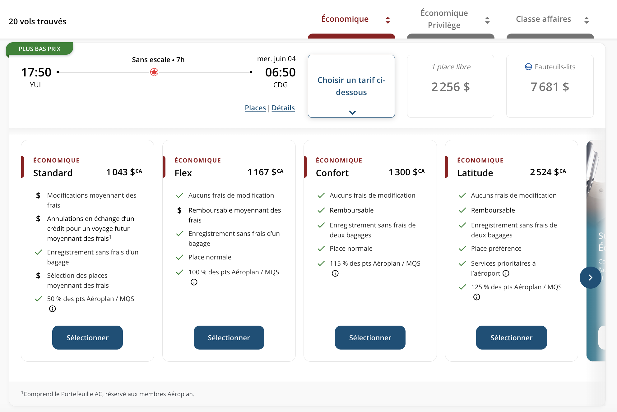 Les différentes classes tarifaires d’Air Canada&nbsp;: comment choisir? - En argent