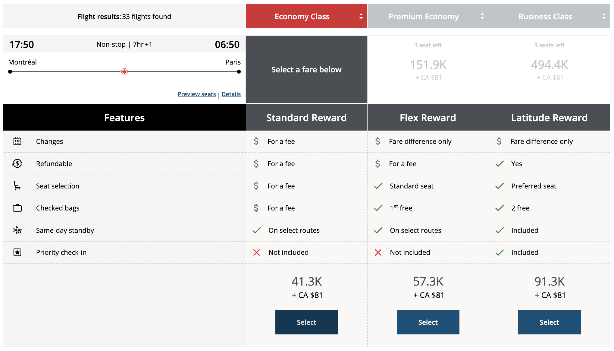 Air Canada's Different Fare Classes: How to Choose? - Utilisation de points Aéroplan