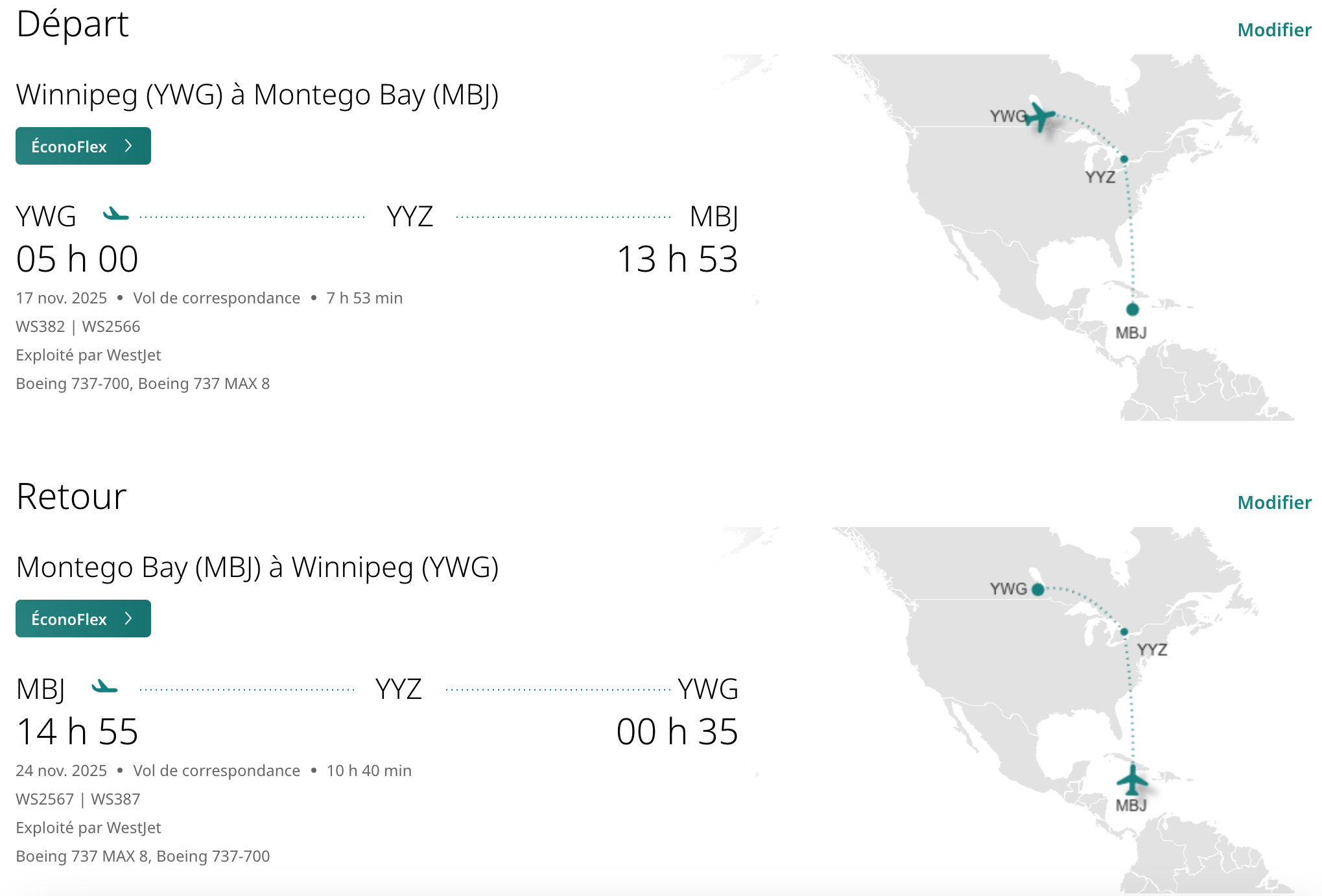 Récompenses WestJet&nbsp;: 8 destinations soleil pour moins de 70&nbsp;000 points WestJet - Winnipeg:Montego Bay -EN