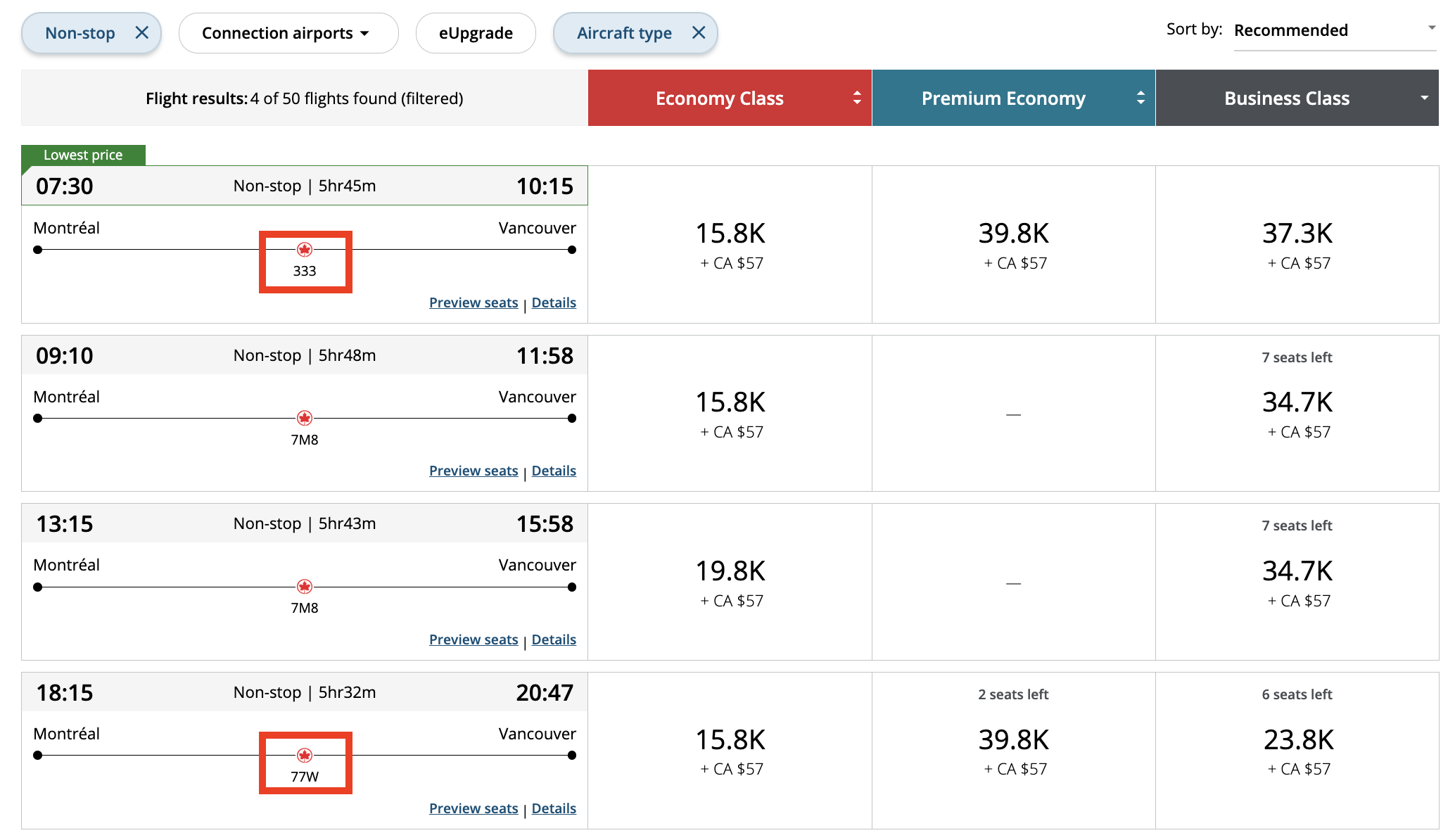 Business Class Sweetspots with Aeroplan from Canada - aeroplan domestique J