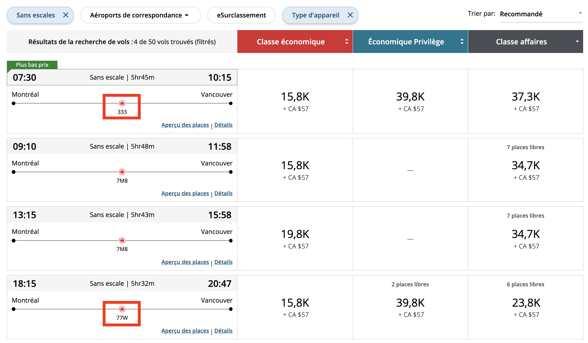 Les sweetspots en classe affaires avec Aéroplan depuis le Canada - aeroplan domestique J