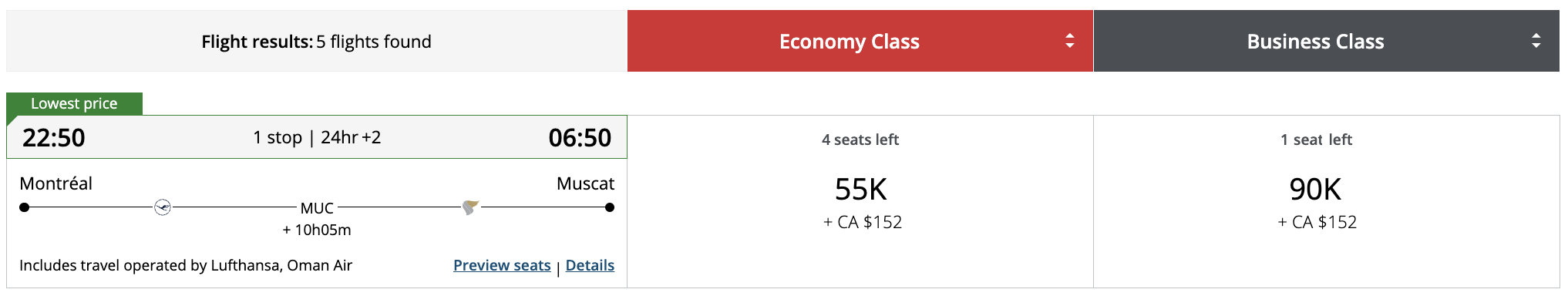 Business Class Sweetspots with Aeroplan from Canada - aeroplan moyen orient