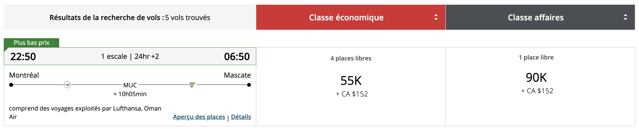 Les sweetspots en classe affaires avec Aéroplan depuis le Canada - aeroplan moyen orient