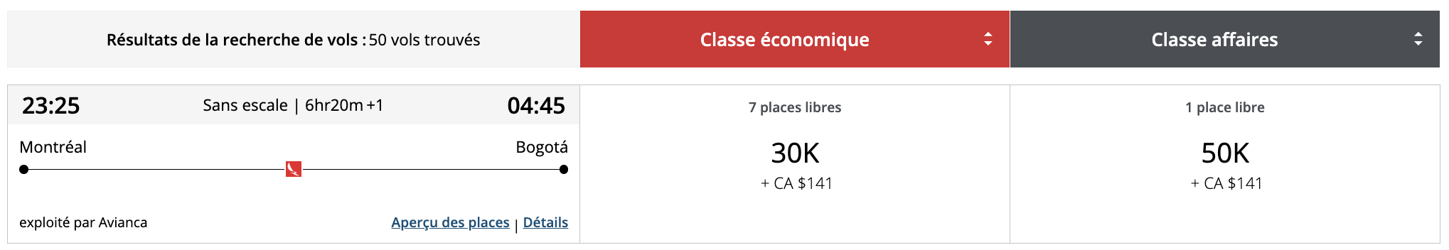 Les sweetspots en classe affaires avec Aéroplan depuis le Canada - amerique du sud aeroplan J