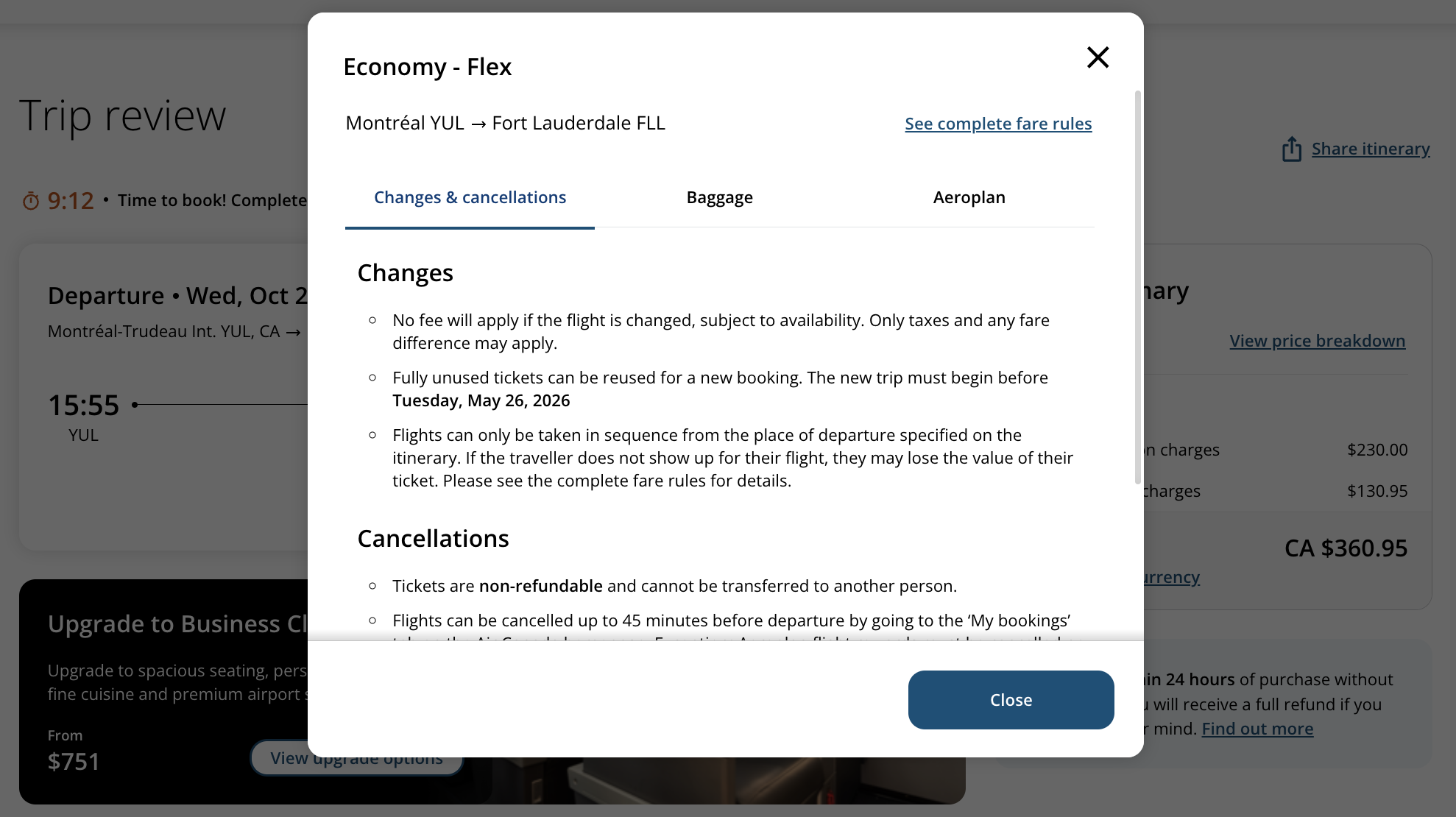 Air Canada's Different Fare Classes: How to Choose? - exemple des conditions