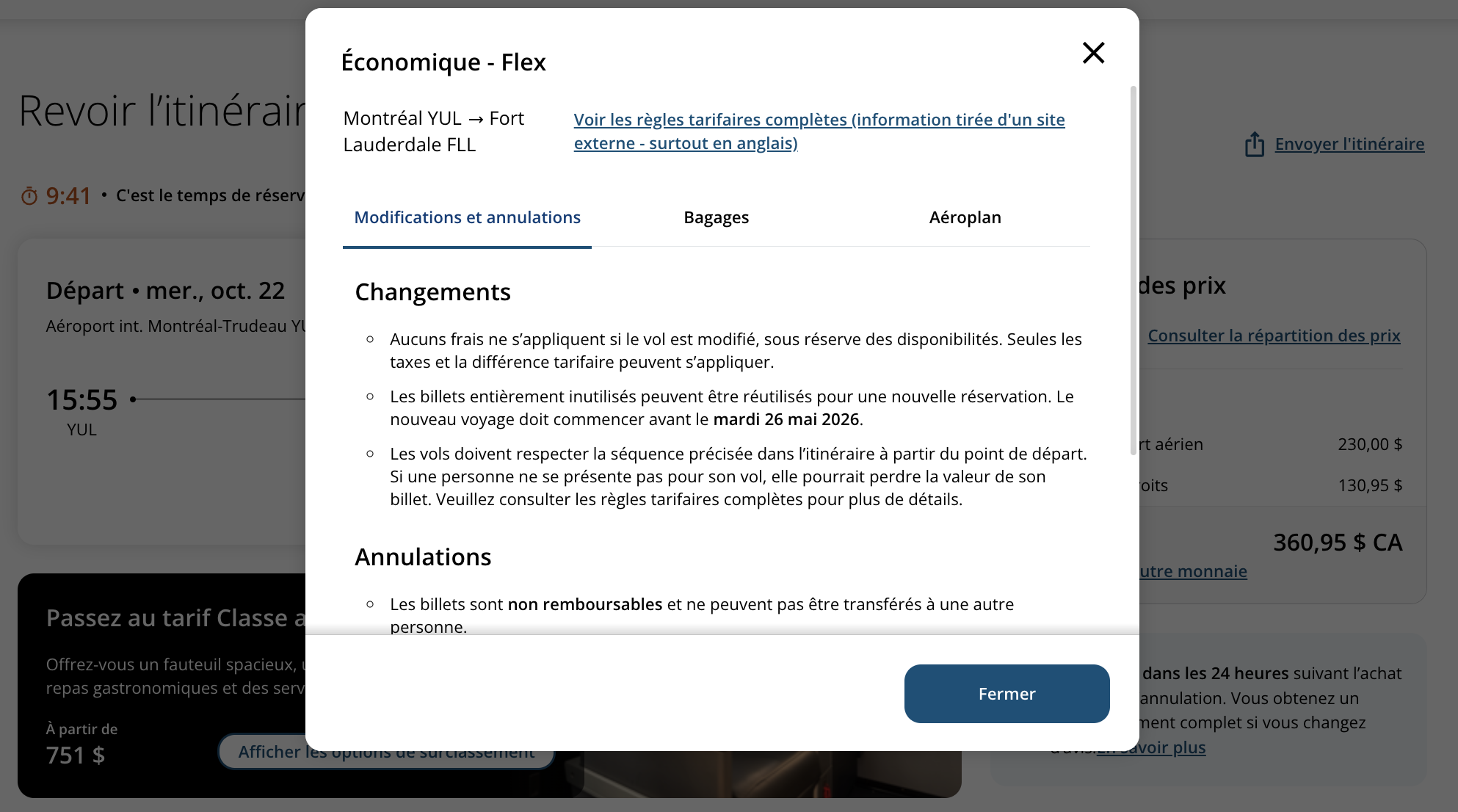Les différentes classes tarifaires d’Air Canada&nbsp;: comment choisir? - exemple des conditions