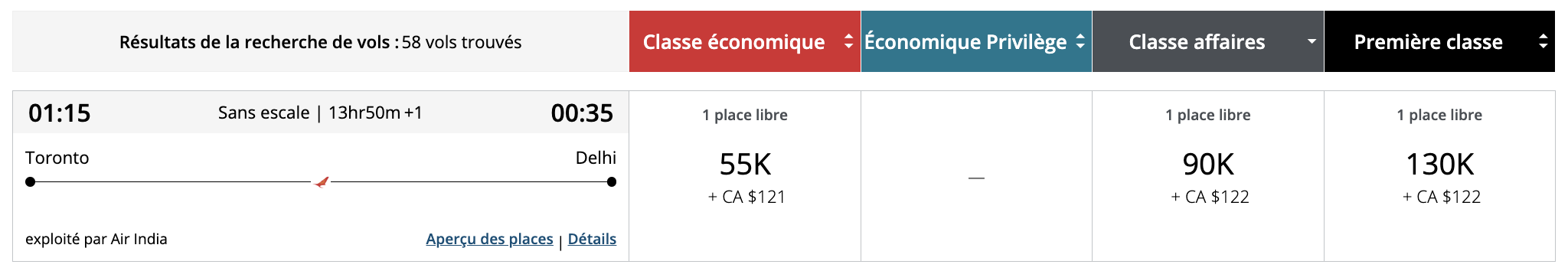 Les sweetspots en classe affaires avec Aéroplan depuis le Canada - sweetspots aeroplan inde